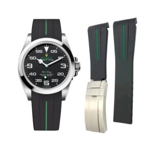 Deployant Rubber Strap - For Rolex Air-King 126900/116900 - Black/Green | LuxLine®