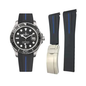 Deployant Rubber Strap - For Rolex Yacht-Master 40mm/42mm - Black w/Blue Line | LuxLine®