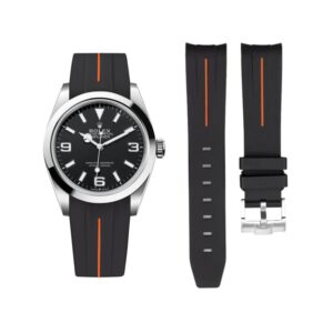 Rubber Strap - For Rolex Explorer I - Black w/Orange Line | LuxLine®