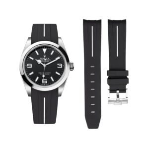 Rubber Strap - For Rolex Explorer I - Black w/White Line | LuxLine®