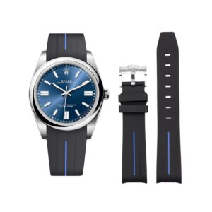 Rubber Strap - For Rolex Oyster Perpetual 41mm - Black w/Blue Line | LuxLine®