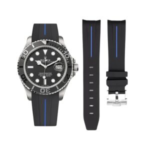 Rubber Strap - For Rolex Yacht-Master 40mm/42mm - Black w/Blue Line | LuxLine®